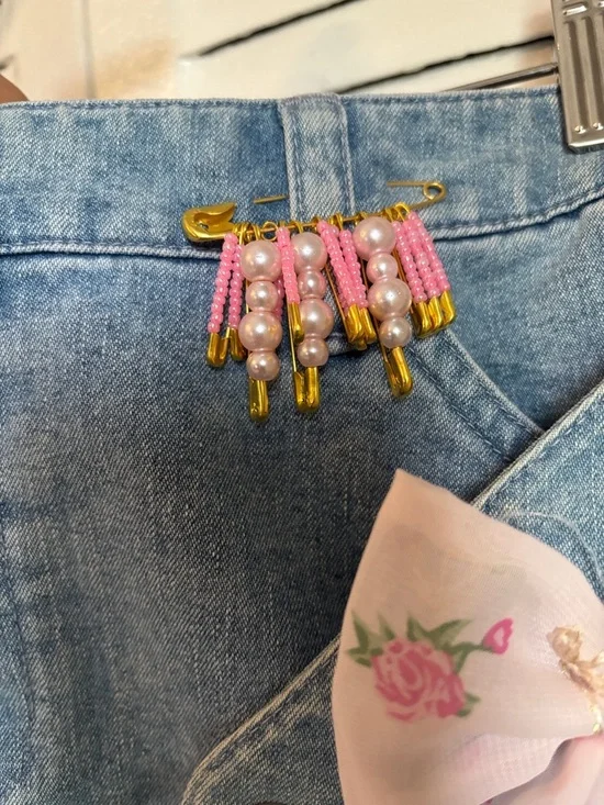Upcycled Denim Mini Skirt Size 10 – Handmade Charm Details & Floral Bow🌸 - Picture 8 of 12